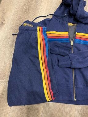 Aviator Nation Navy Zip Hoodie and Joggers with Retro Rainbow Stripes